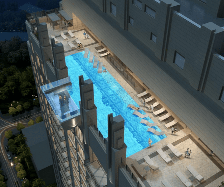 Market Square Tower features a show-stopping rooftop glass-bottom pool that extends over the street.