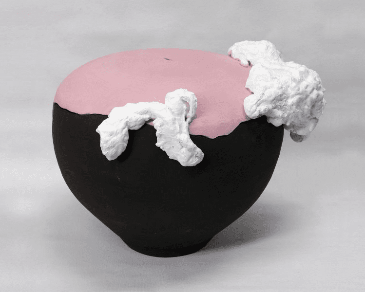 In "Untitled (Guston Pink)," 2015, Canadian-reared clay maker Charlie Satterlee comments upon the legacy of painter Philip Guston. 
