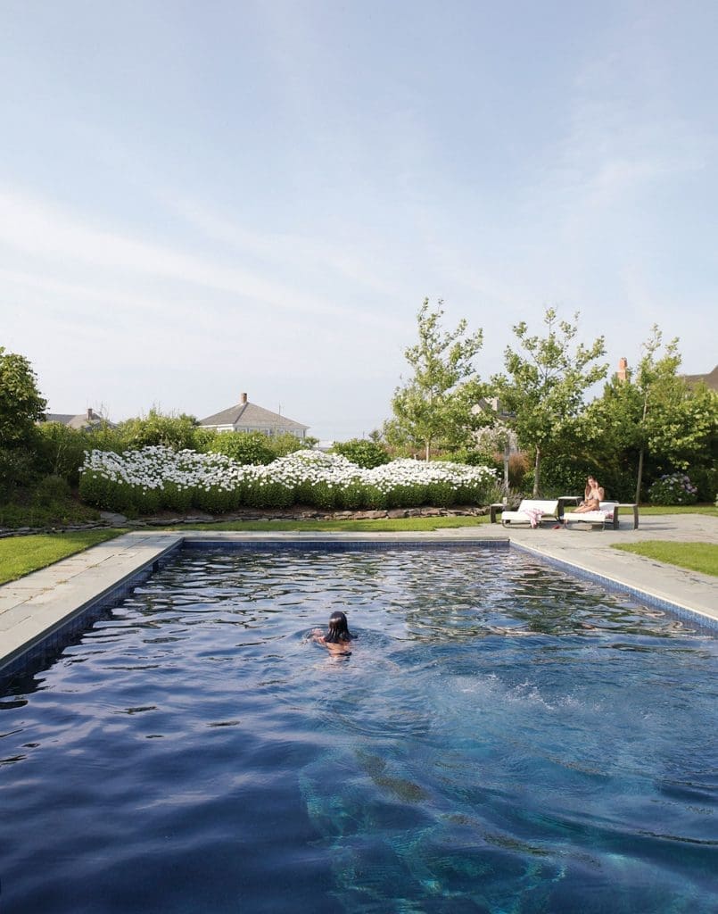 Phoebe and Annabel swim in the
saltwater pool; the dark interior
retains heat. White daisies grow
in the background.