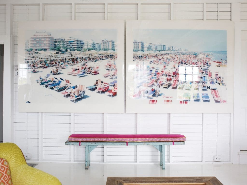 Massimo Vitale diptych from Marianne Boesky in New York. Garage-sale bench with custom
cushion.