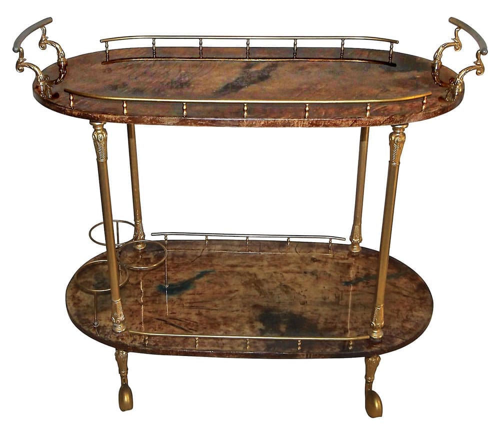 Aldo Tura stained and lacquered goatskin bar cart with gold-plated hardware from Debris Antiques