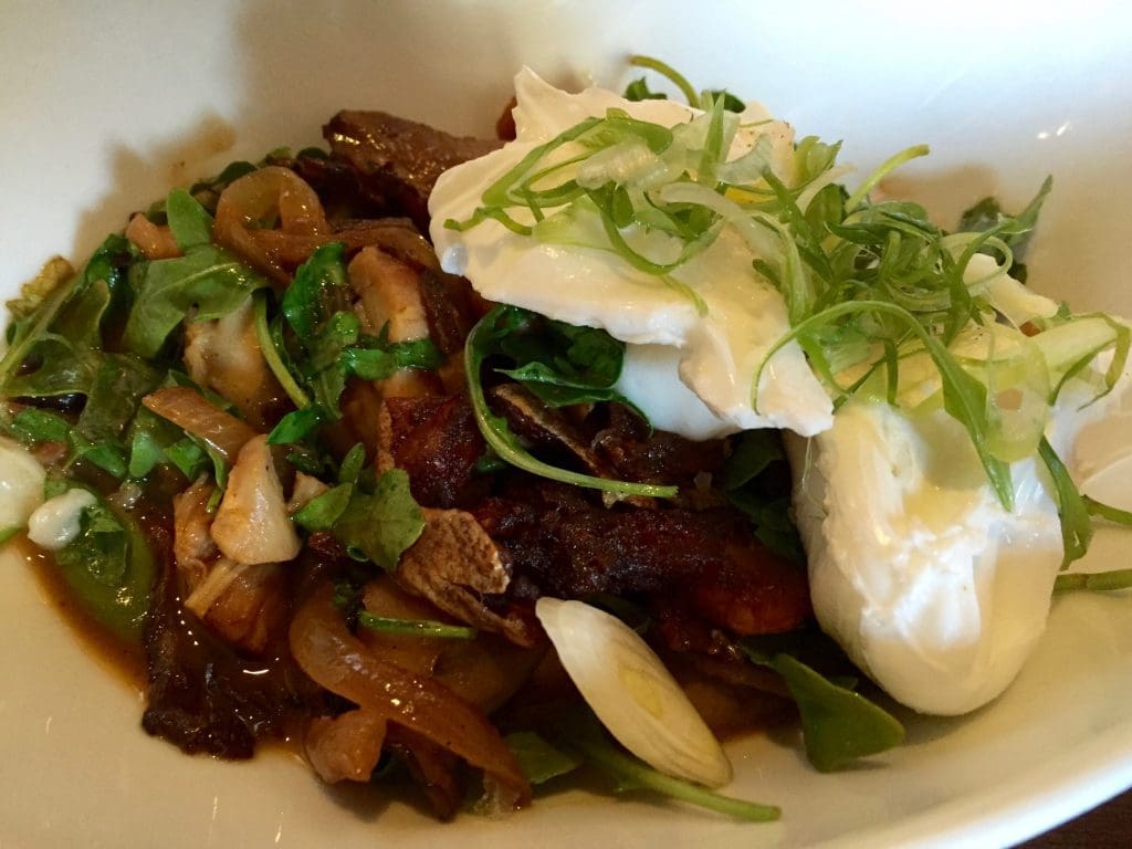 A hash of chicken and smoked mushrooms. And some fine wilted greens