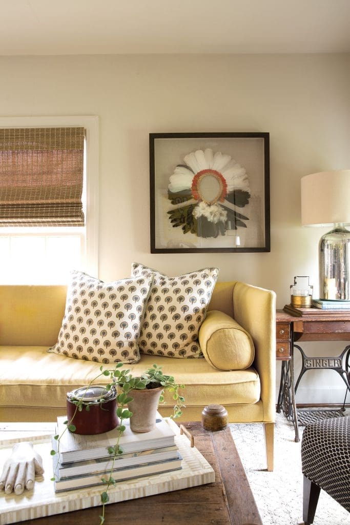 In the family room, Mela & Roam pillows and a framed Brazilian Rikbaktsa tribal headpiece.