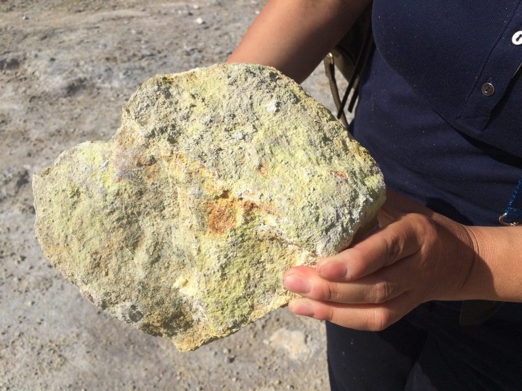 Rock encrusted with sulphur crystals at the Volcano Solfatara.