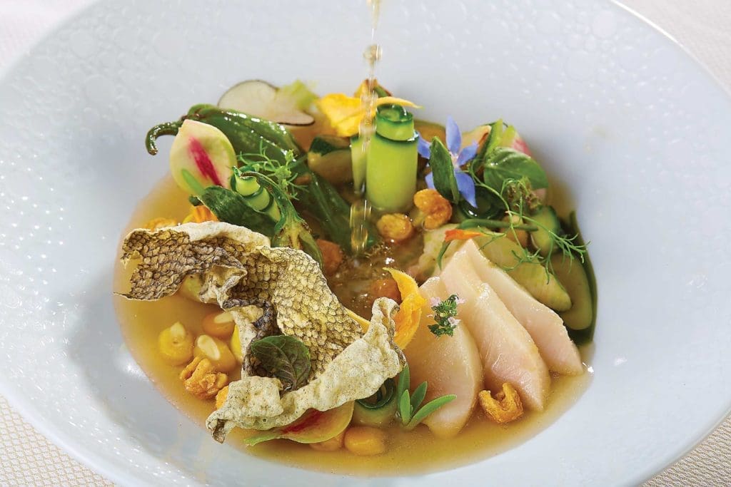 Summer posole with smoked shishito broth, rockfish escabeche was just one of the stunners at Flora Street Cafe. 