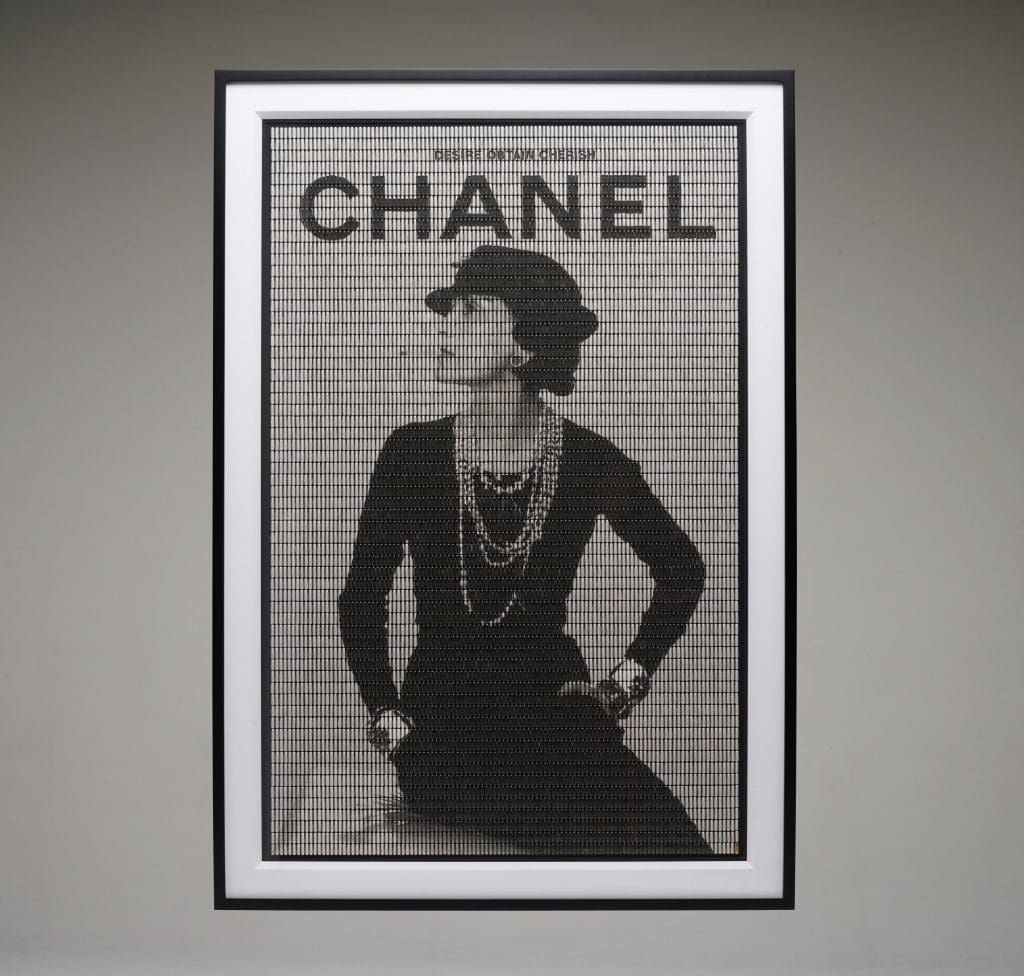 Desire Obtain Cherish's "Coco," 2014-215, features the fashion designer's portrait rendered in 8,000 pills. (Courtesy the artist and Unix Gallery, NYC and Houston) 