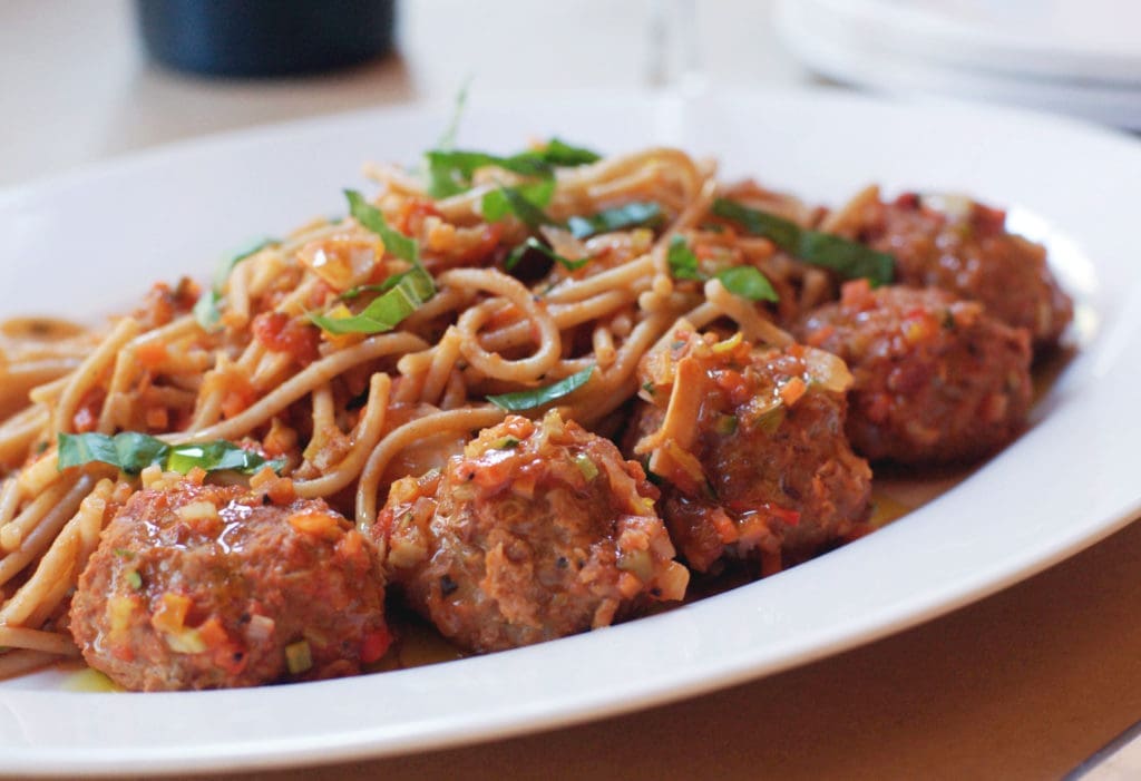 You can't go wrong with spaghetti and meatballs. Taverna's rendition pairs whole wheat and turkey meatballs with a vegetable ragu. 