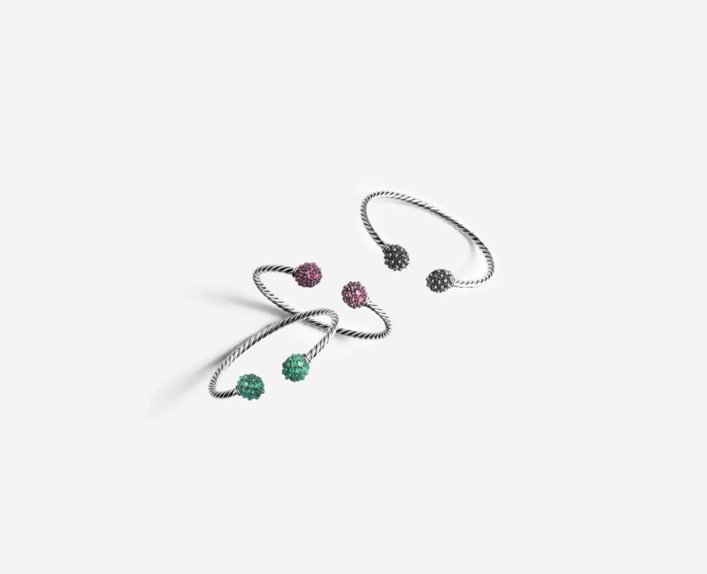 David Yurman's Osetra End Station bracelets with green onyx, rhodalite garnet, or hematite in silver $950 to $1,100, at Neiman Marcus