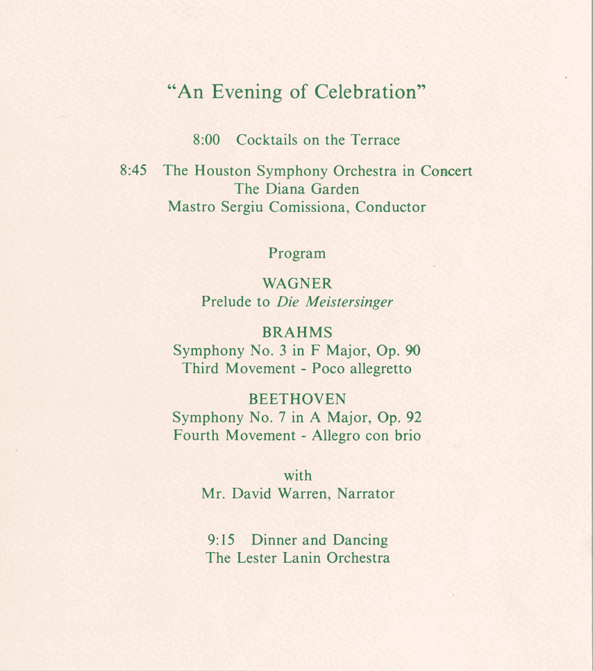 The musical narrative for Friday, May 14, 1982 that benefitted Bayou Bend and the Houston Symphony.