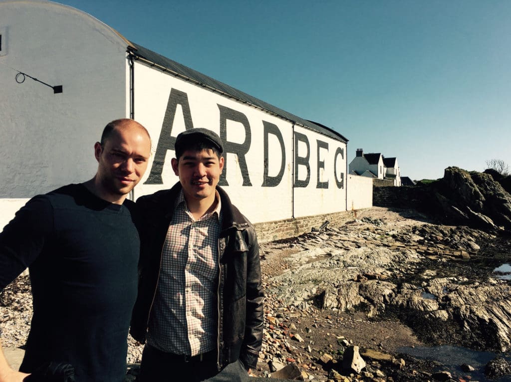 Anvil's Bobby Heugel and Jessey Qi at Ardbeg distillery in Scotland. 