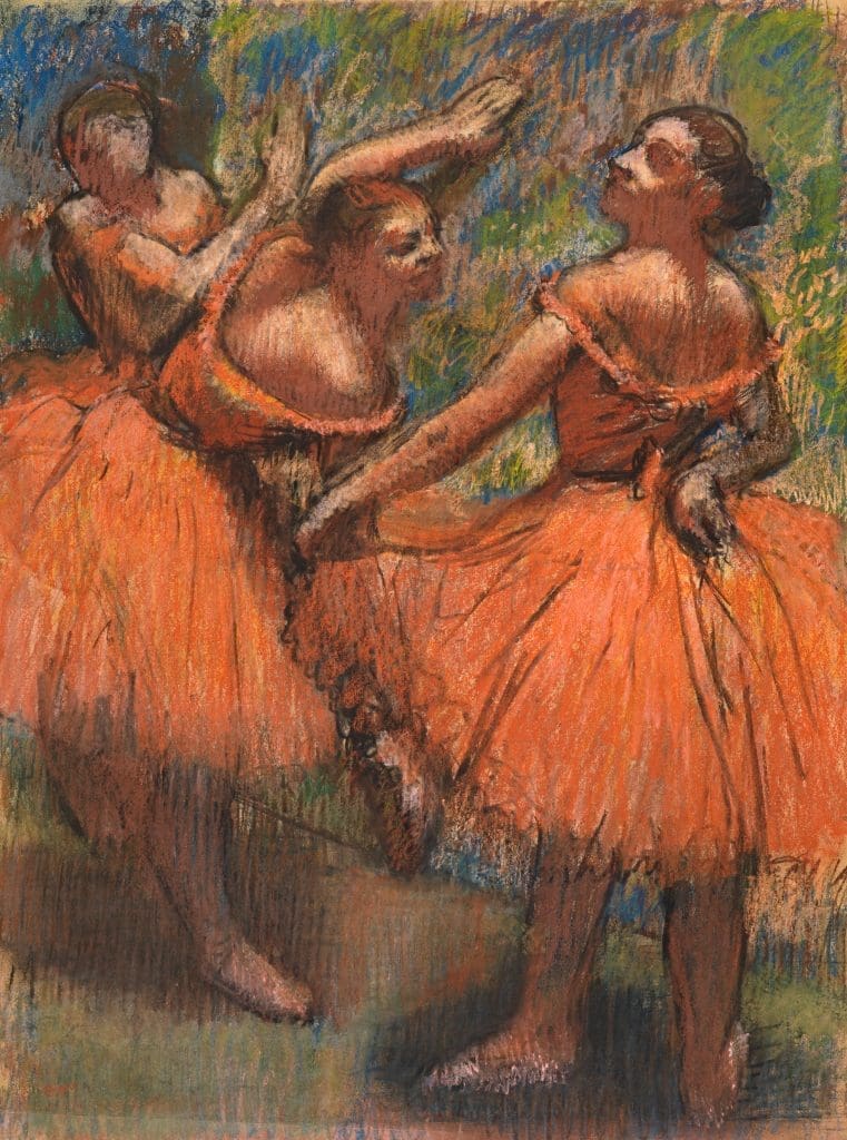35.243

DRAWINGS
pastel
The Red Ballet Skirts
Degas, Edgar Hilaire Germain (1834 - 1919, French)
circa 1895-1900
pastel on paper
framed: 950 mm x 765 mm x 50 mm; unframed: 812 mm x 622 mm

Pastel entitled 'Les Jupes Rouges', depicting three ballet dancers in red skirts - in posing practice, by Hilaire Germain Edgar Degas