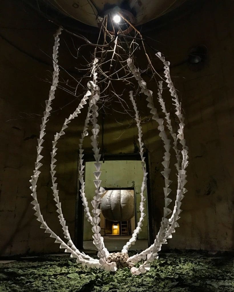 Weihong's installation, "Silo Ts'ui," features hundreds of teacups, alluding to her ongoing performance piece/tea ceremony around the world. (Courtesy the artist) 