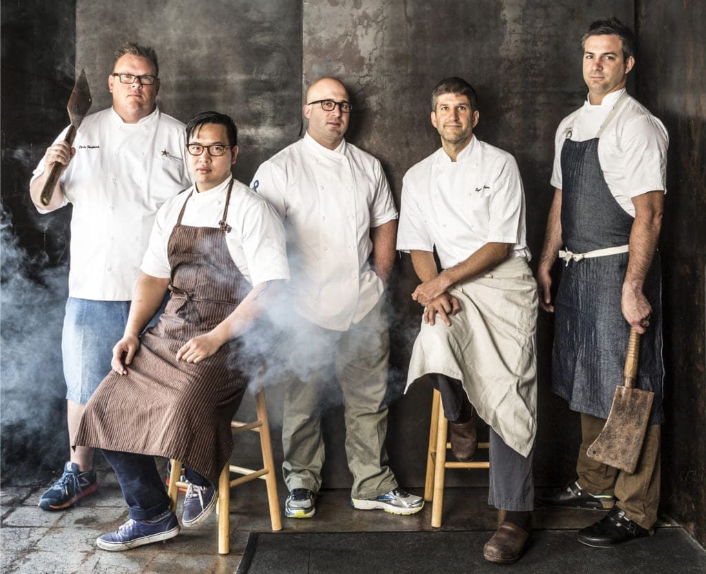 The 2016 Southern Smoke wasan all-star event. Here's the HOUBBQ Collective — Chris Shepherd, Justin Yu, Seth Siegel-Gardner, Ryan Pera, Terrence Gallivan. (Photo by Julie Soefer.)
