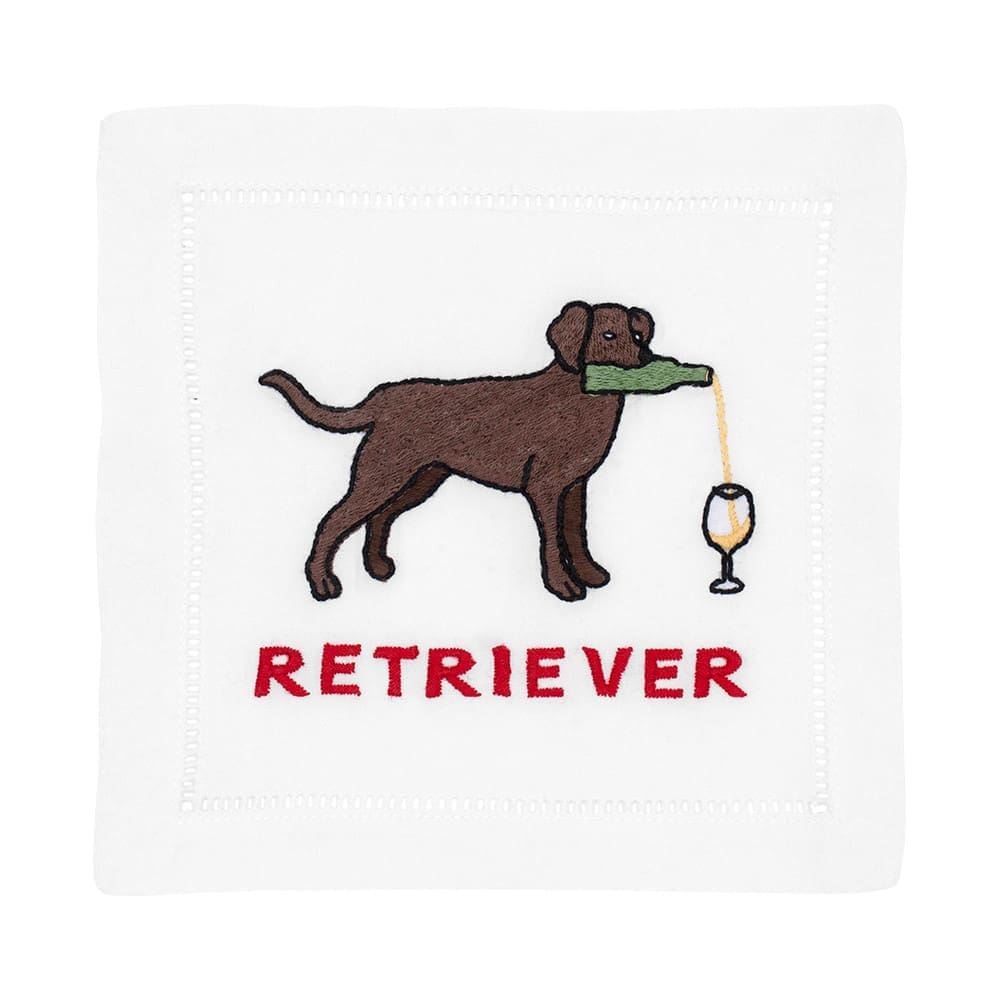 The cheeky cocktail napkin gets elevated in these embroidered iterations by August Morgan. $36 for a set of four, biscuit-home.com