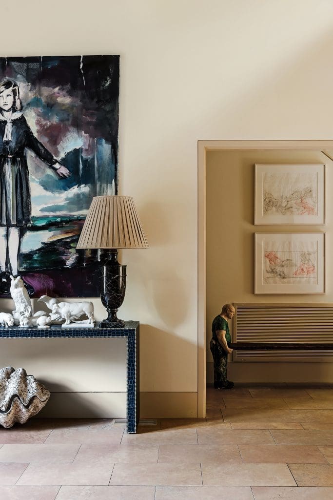 Pair of sketches in hallway from James Drake’s “The Red Mirror” project, Moody Gallery. Paul Kittelson bench from DiverseWorks.