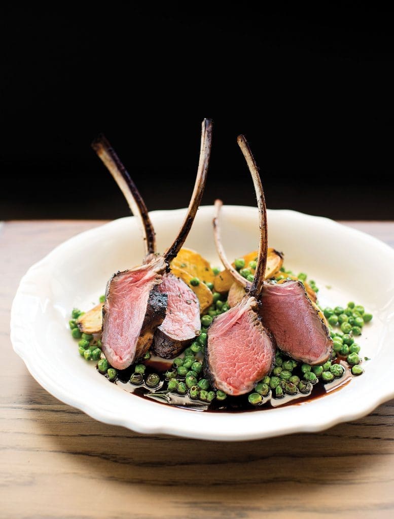 For dinner, grab the lamb with peas and fingerling potatoes. 