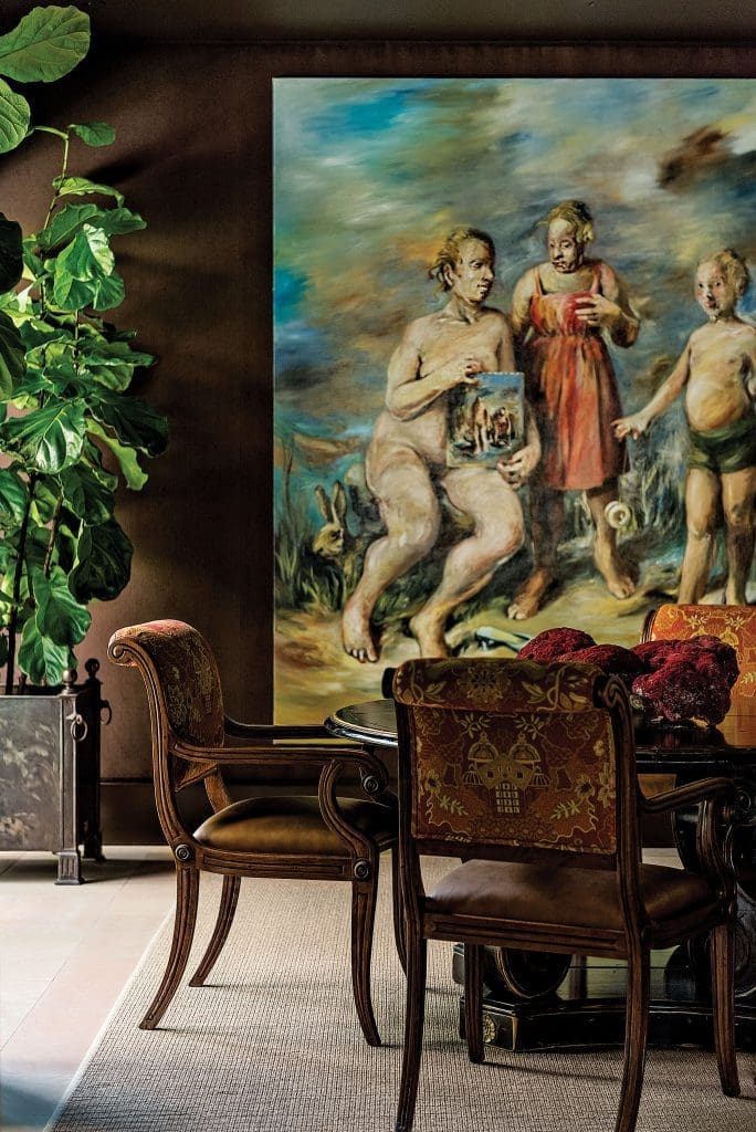 Dining table from Côté France, Paris. Chairs covered in Edelman Leather and Etro fabric, and Burmese ruby coral centerpiece from Dennis Brackeen Design Group. Planter from Jardinières & Intérieurs, Paris. Bénédicte Peyrat’s Ein Hase Mit Flügeln ist ein Anderes Tier, 2002, Morgan Lehman Gallery, NY.