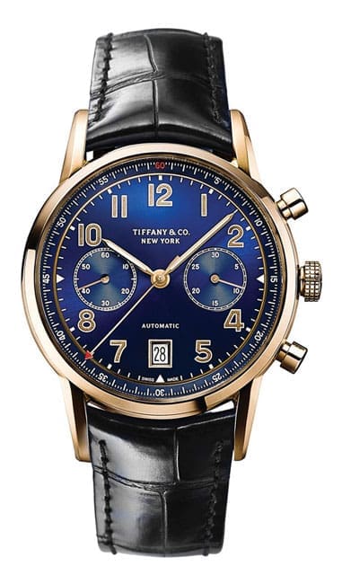 Tiffany & Co. CT60 in rose gold, $15,000, at <a href="http://www.tiffany.com/watches/all-watches/tiffany-ct60-chronograph-42-mm-36342064?omcid=PPC_PLA+-+CT60+-+WAT&utm_source=google&utm_term=&utm_campaign=PLA+-+CT60+-+WAT&utm_medium=cpc&utm_content=Vsfw60UD|pcrid|85532389214|pkw||pmt||pdv|c|&mkwid=sVsfw60UD|pcrid|85532389214|pkw||pmt||pdv|c|mtid|744dpc50313|&gclid=CjwKEAiAyanCBRDkiO6M_rDroH0SJAAfZ4KLHze-SxqQEXPfILvM2RESOOICHypJ36h7H-41IuqziBoCUu7w_wcB">Tiffany & Co</a>. 