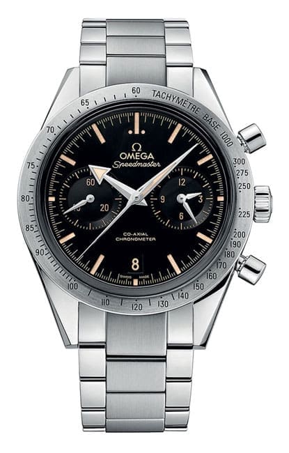 Omega Speedmaster ’57 co-axial chronograph, $9,000, at the Omega boutique,
Bachendorf’s, Lewis Jewelers, the
Tourbillon boutique.