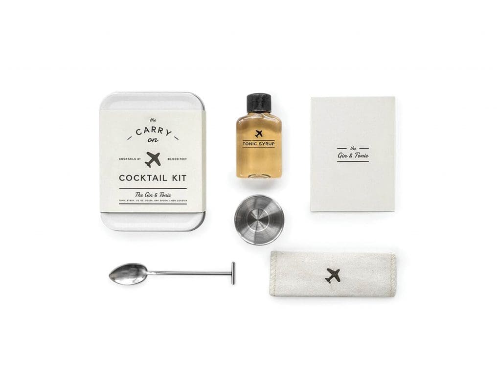 This kit provides the jet-setter in your life with everything necessary to create the perfect, in-flight, craft cocktail (bar spoon and linen coaster included). 