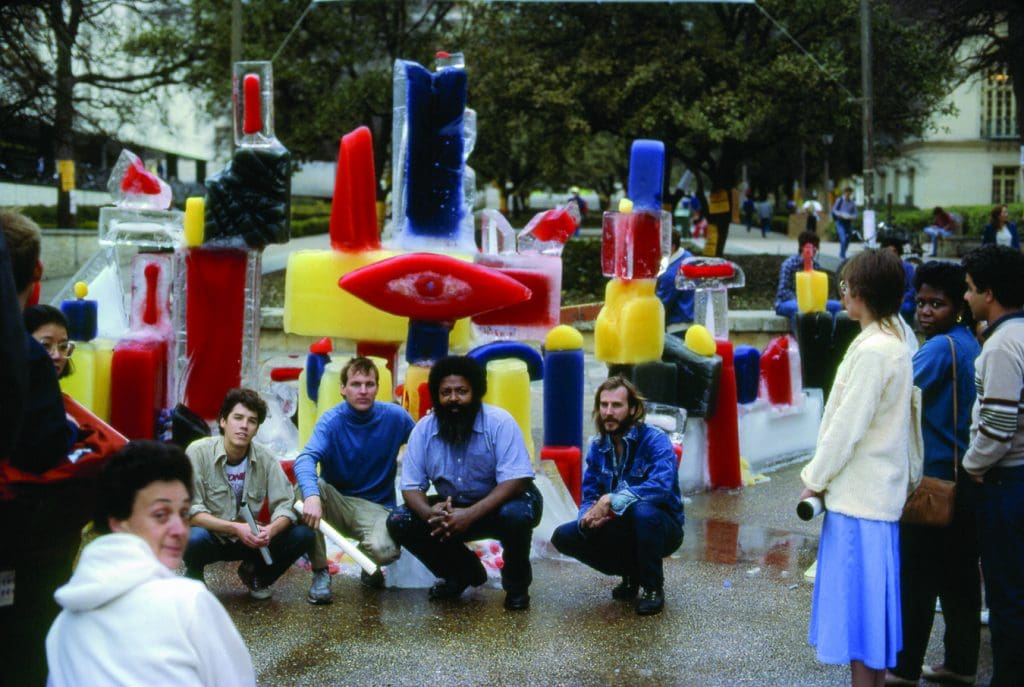 Bert Long Jr., like Dorothy Hood, is being reappraised in a fresh volume. (Long with his ice sculpture "Immortality," University of Texas, 1985; courtesy UT Press) 