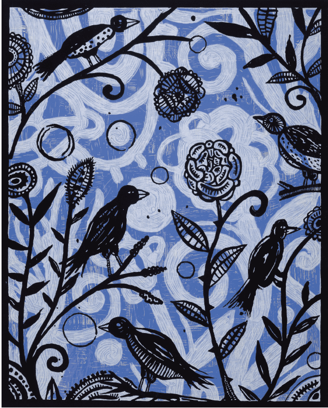 Dan Rizzie's "Blackberry Thieves III," 2009, is one of the seminal images that sings in the 400 page page volume surveying the first 25 years of Austin print-making hub, Flatbed Press. (Courtesy UT Press)  