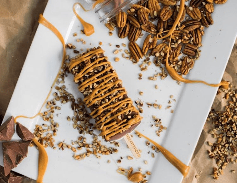 Steel City's December pop of the month is turtle. It's made with the brand's classic homemade vanilla pop, dipped in milk chocolate, dredged in pecans, and drizzled with caramel. 