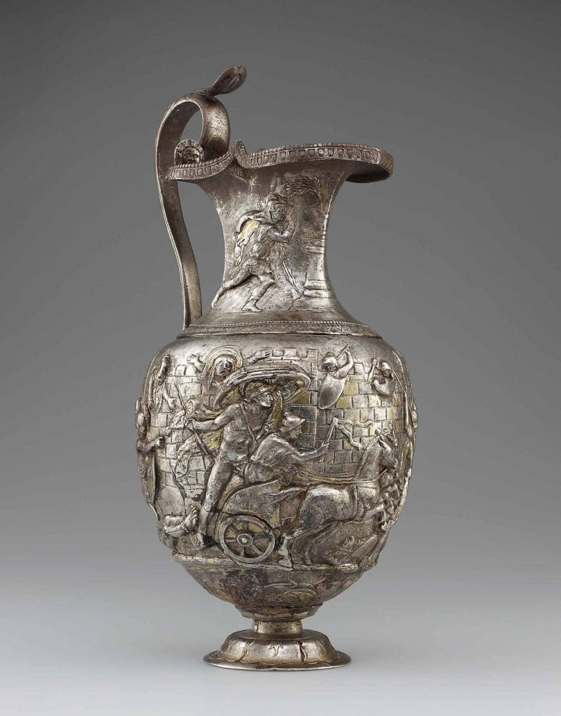 Roman Pitcher with Scene from the Trojan War (one of a pair), “Achilles Dragging Hector before the Walls of Troy,” AD 1 – 100, at Museum of Fine Arts, Houston