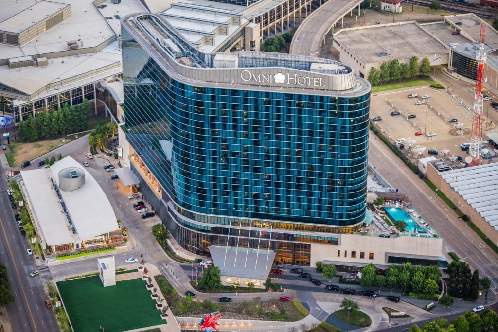 Omni Dallas stands out day and night in the Dallas skyline. 