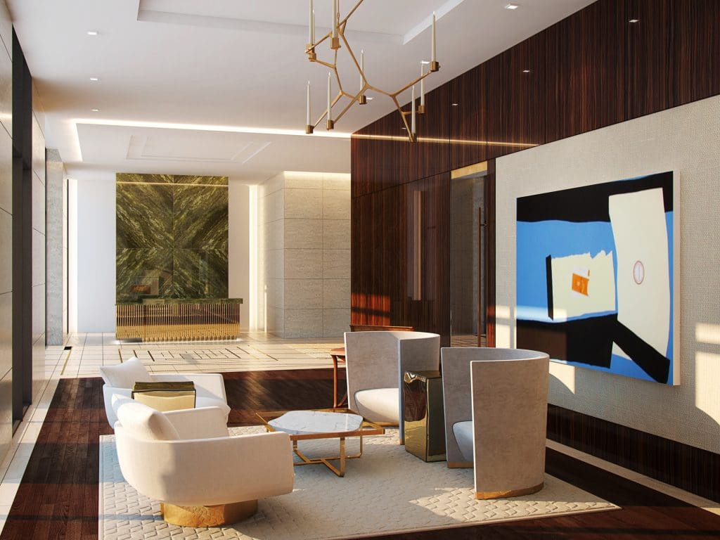 The lobby of The River Oaks beckons buyers with its melding of design and important art. Owner/developer Arel Capital is making a commitment to form a contemporary collection. 