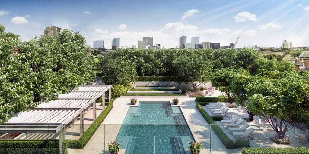 Poolside at The River Oaks. Note the greenscape designed by landscape architect McDugald-Steele features a space for sculpture. 