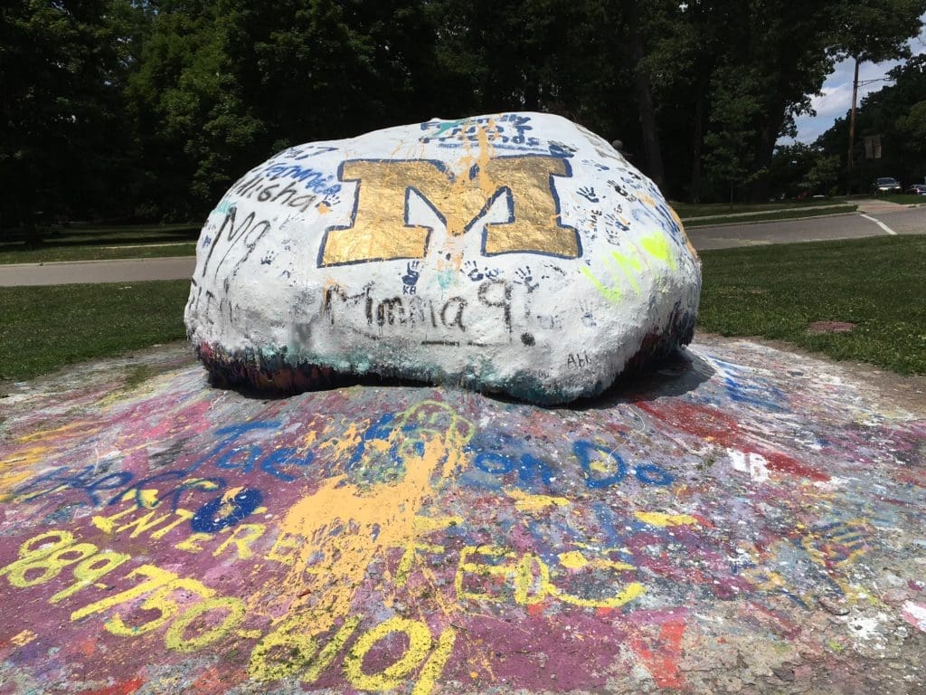 “The Rock” of the University of Michigan, Ann Arbor, which students paint. It was placed at that spot in 1932. 