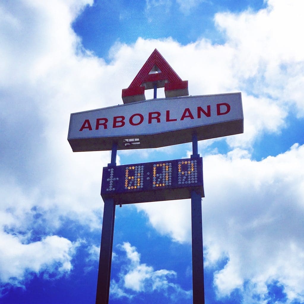 A vernacular shopping mall sign in Ann Arbor. By legend, the name for the town came from a sighting of the wife of the founder sitting by a wild grape arbor. 