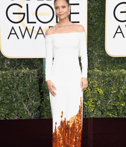 Actress Thandie Newton mixes white and fire in this spectacular Monse piece. We can think of a million places to show this off.