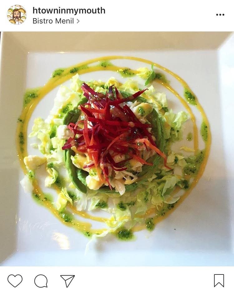 Jumbo Lump Crab Salad with avocado, carrots, beets, Bibb lettuce and apricot dressing from Bistro Menil
