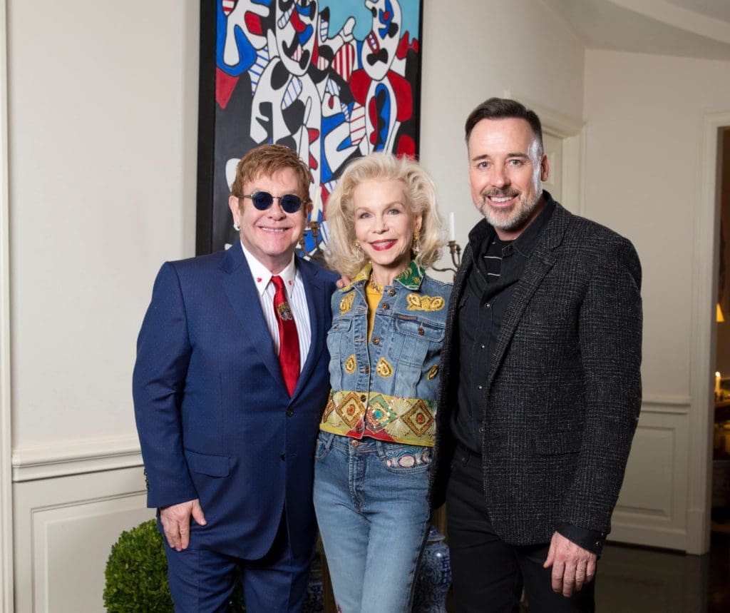 BFFs Elton John, Lynn Wyatt and David Furnish at brunch chez Wyatt during Houston Super Bowl festivities in 2017 (Photo by Jenny Antill Clifton)