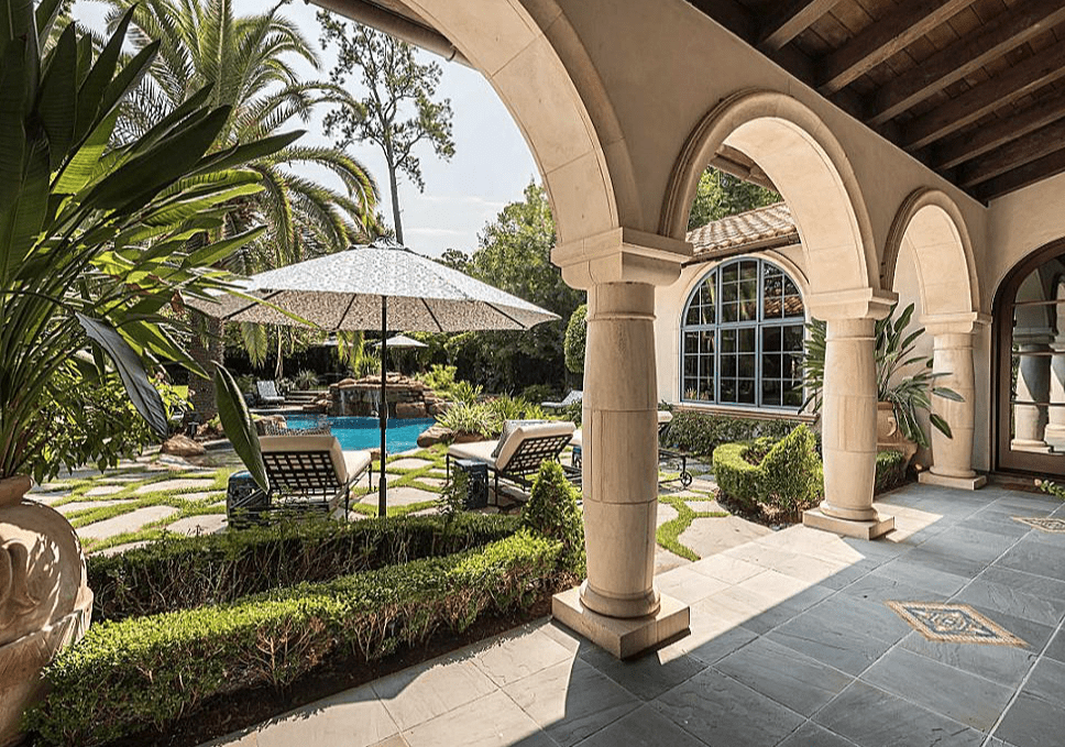 The Mediterranean influence in the Lady Gaga mansion is apparent in the pool area.