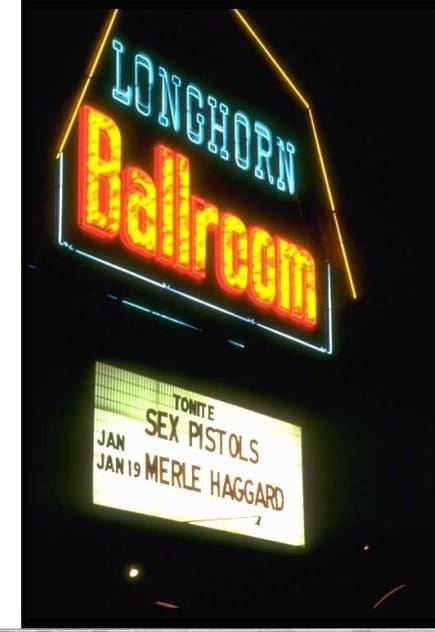 Soon the Longhorn marquee will blaze again with headliners, as it did in this night in 1978 when the Sex Pistols came to town. (Collection Doug Groom and the Groom family) 