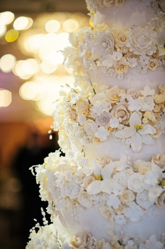 The seven-tiered wedding cake was created by Who Made the Cake. 