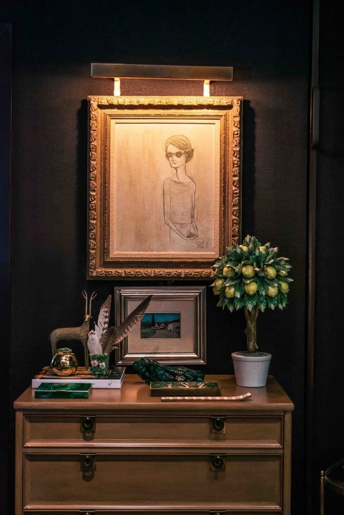 Genevieve Jones self-portrait, circa 1960. Malachite and silver Taxco box, a gift from Mackay Boynton. Ceramic lemon tree and framed mosaic from Florence. (Photo by Shayna Fontana)