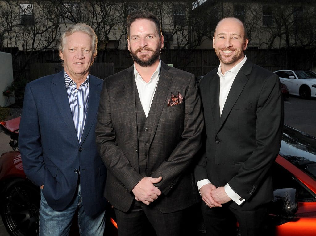 From left: Ken Enders, David Bohn and Derek Brown at the McLaren Houston unveiling party for the new McLaren 720s at 5226 Elm Thursday March 16,2017. (Dave Rossman Photo)