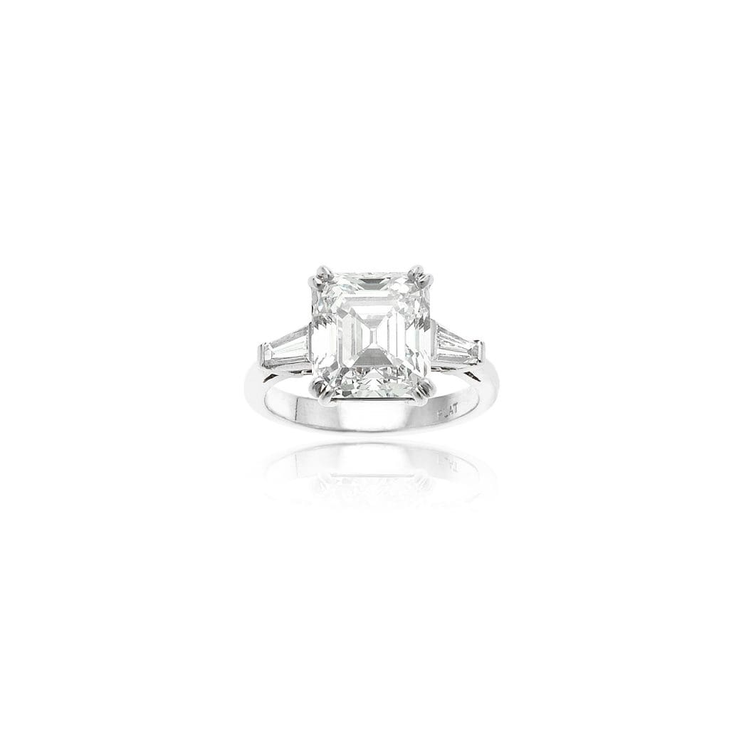 William Noble 5-Carat Square Emerald Cut Diamond: set in platinum with two tapered baguettes