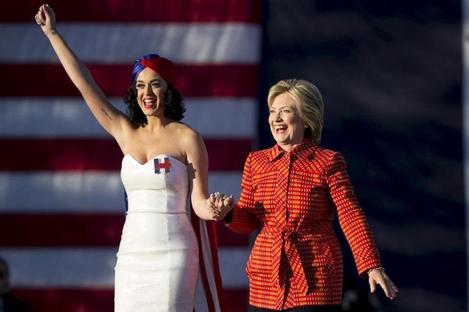 Katy Perry and Hillary Clinton at a campaign rally