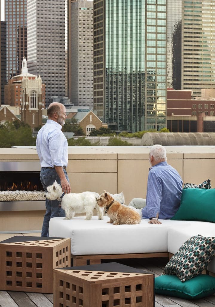 Mark Williams and George Cameron Nash on the roof of their Parkside high rise overlooking the arts district, with their West Highland terriers, Lucy, Ricky, and Tilly. Summit tables and chaises
upholstered in Hermès fabric, from George Cameron Nash.