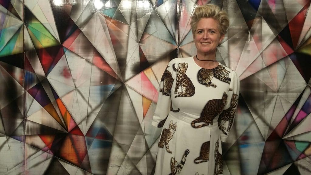 Fair exhibitor Carrie Secrist devoted more than half her booth space to paintings by Shannon Finley, underlaid with a romantic, geometric aesthetic. 