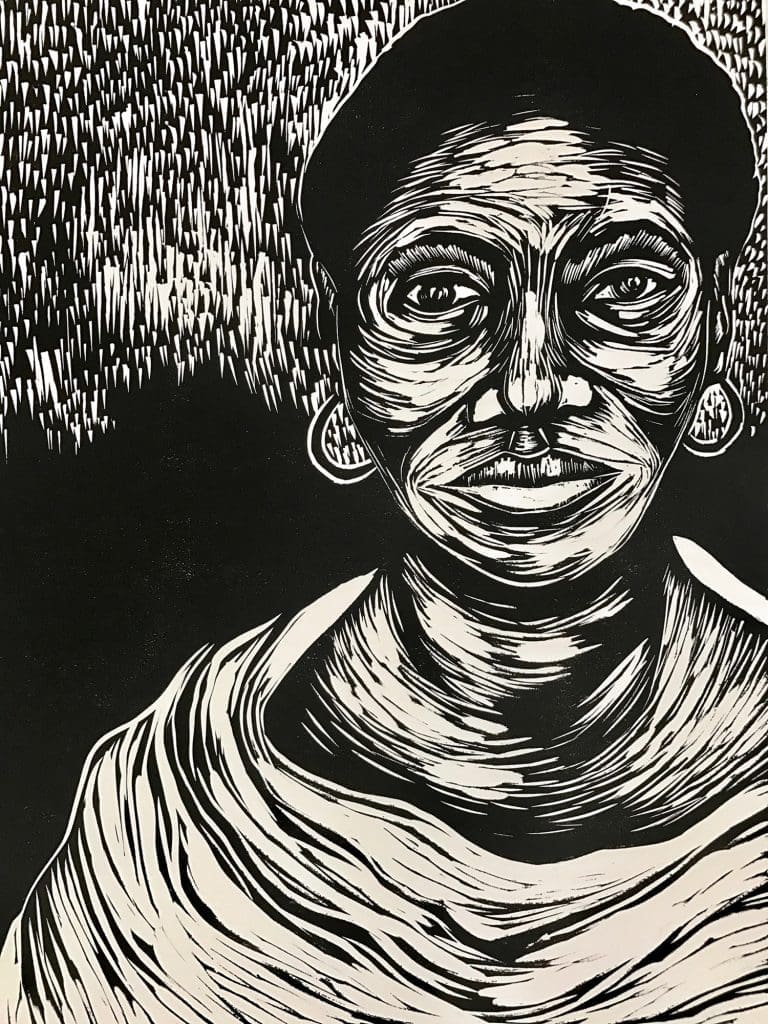 Delita Pinchback Martin's limited-edition linocut, "The Seeker," 2017, is among the collecitble auction lots at the Birthday Bash Ungala benefit. Martin is also honored with The Collective's Arts in Action Award.