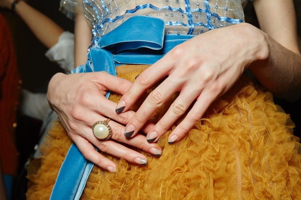 Two-toned neutral colors at Jenny Packham. 
