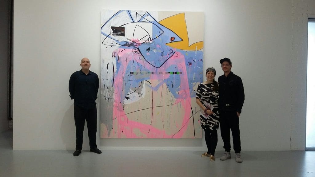 Howard Sherman (left) with his epic canvas at Circuit12 Contemporary. Sherman's gallerist, Dustin Orlando (right), hopes to exhibit next year at the Fair. This spring, he planned the painter's solo around the week of the Fair, and ended up selling a pair of canvases, at $14,000 each. 