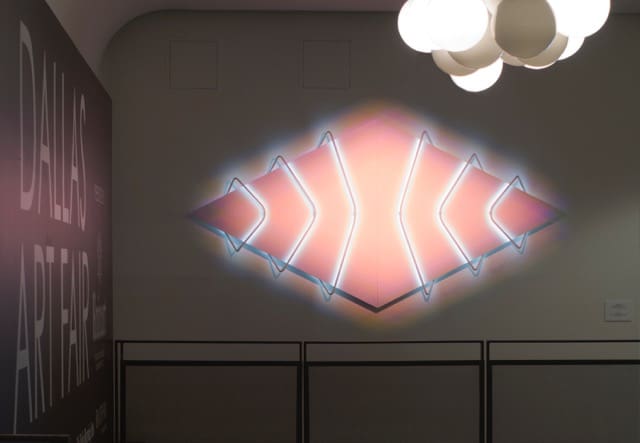 Jay Shinn's light work "Paragon Moon," 2017, greeted Fair goers atop the second floor. Also exhibiting in Barry Whistler's booth, Shinn divides his time between Dallas, Manhattan, and Berlin. 