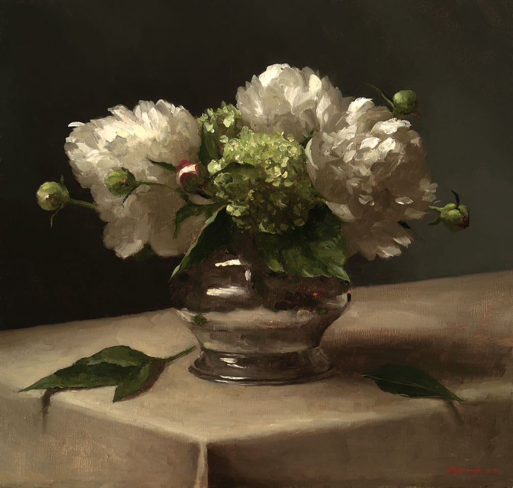 Sarah Lamb's "Peonies and Hydrangeas," 2012, at Meredith Long & Company. Lamb was one of the contemporary realist painters the gallerist discovered and exhibited. 